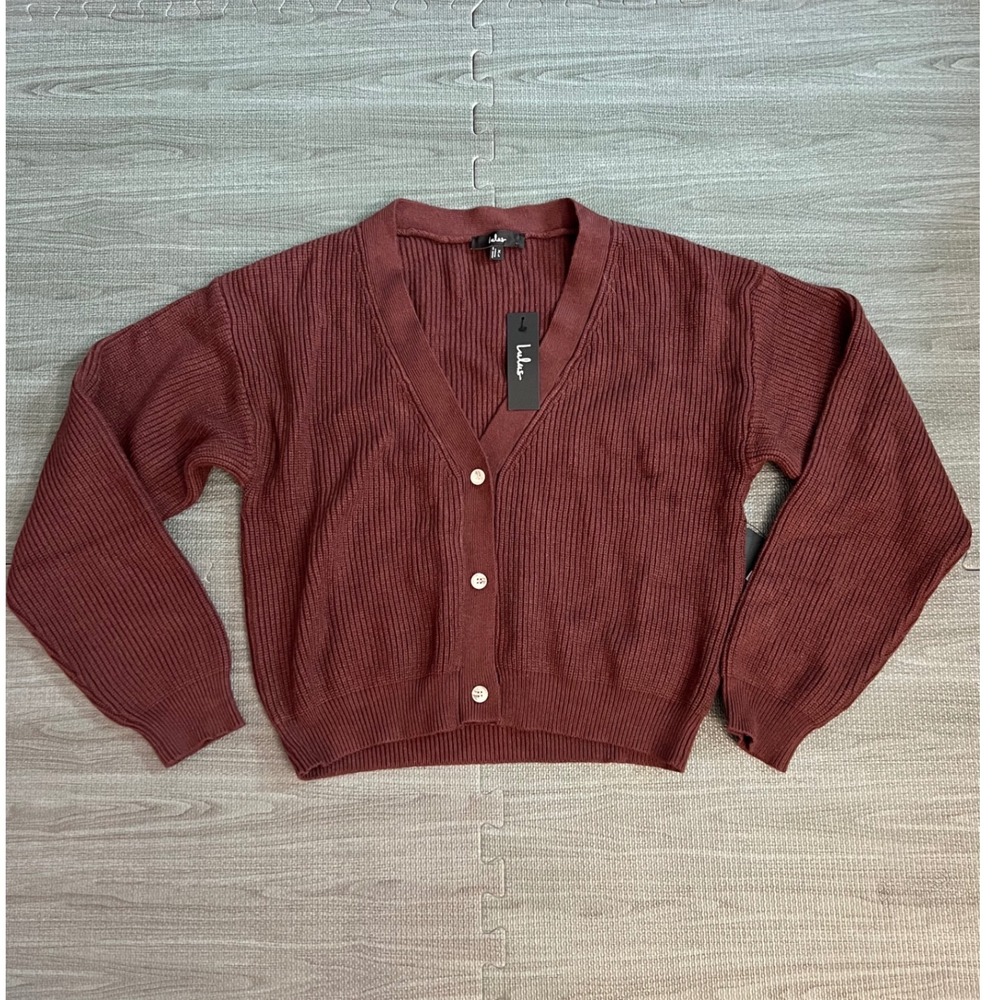 Lulus Ribbed V Neck Button Front Cardigan Burgundy Long Sleeve Women's‎ XL